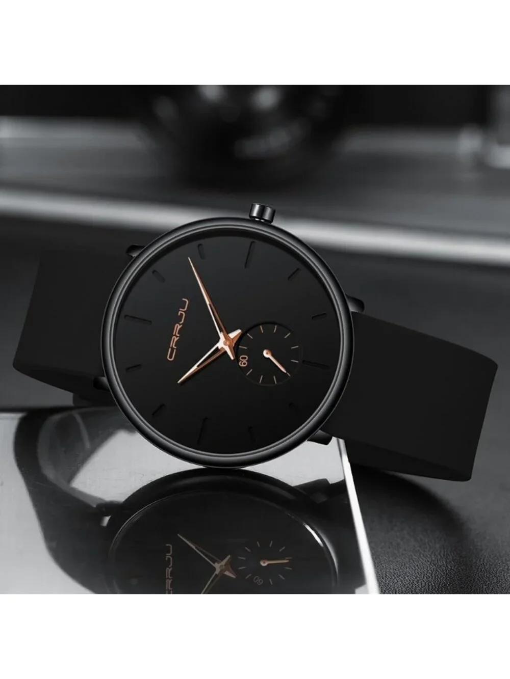 Crrju Mens Black Rose Stylish Waterproof Quartz Unisex Ultra Silicone Band Watch